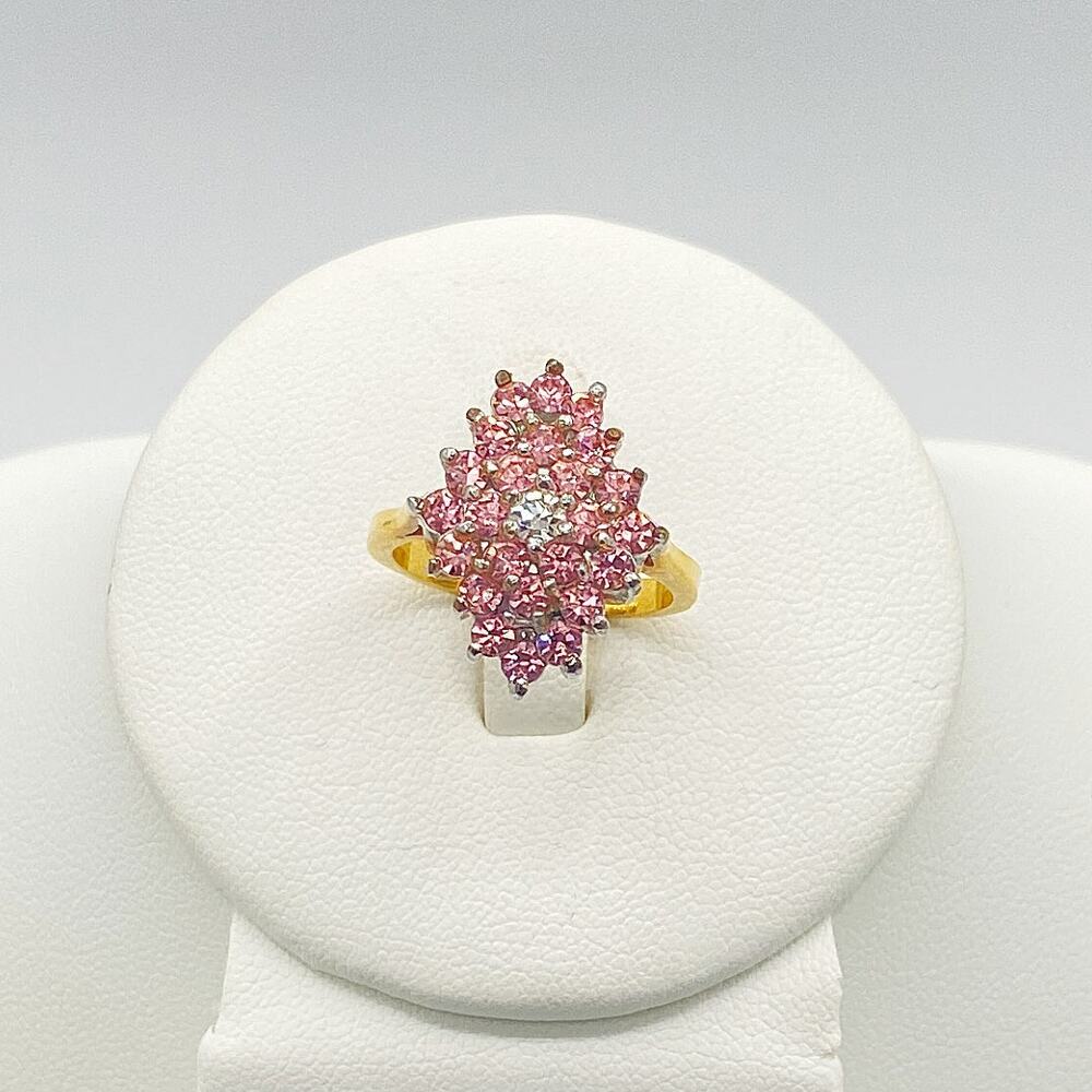 Gold and Silver Tone Ring Pink Clear Glass Cubic Zirconia Cocktail Unmarked SZ 7